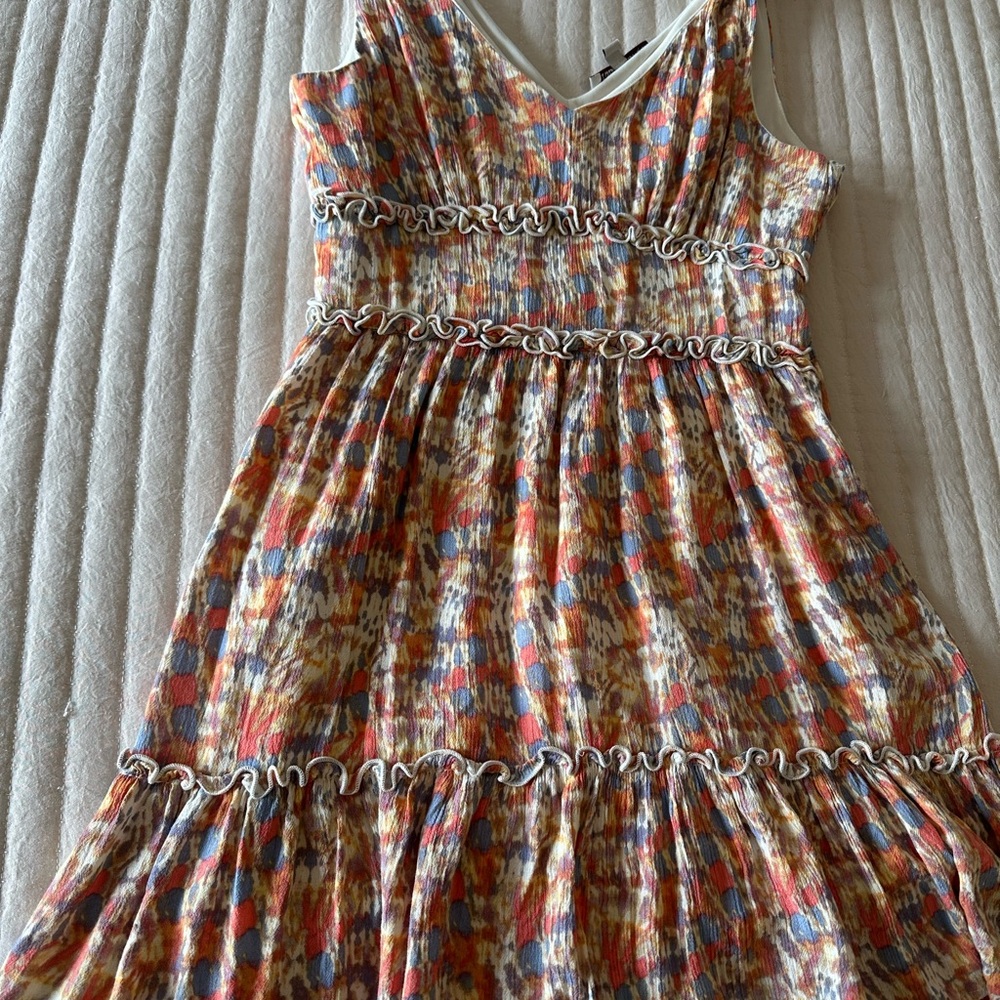 Multicolor Patterned Dress with Ruffle Accents - Picture 3 of 5